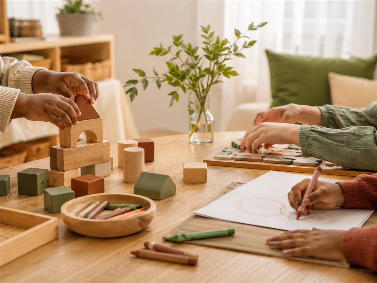 Children's hands using wooden blocks, crayons, and puzzles on a warm activity table